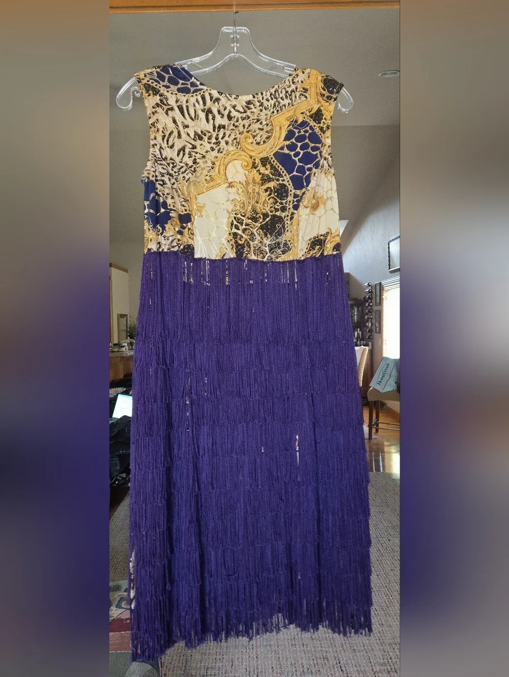 Purple Fringe Tiered Ballroom Dress Gold Printed Bodice With Clasp Crotch Size M - Picture 1 of 5